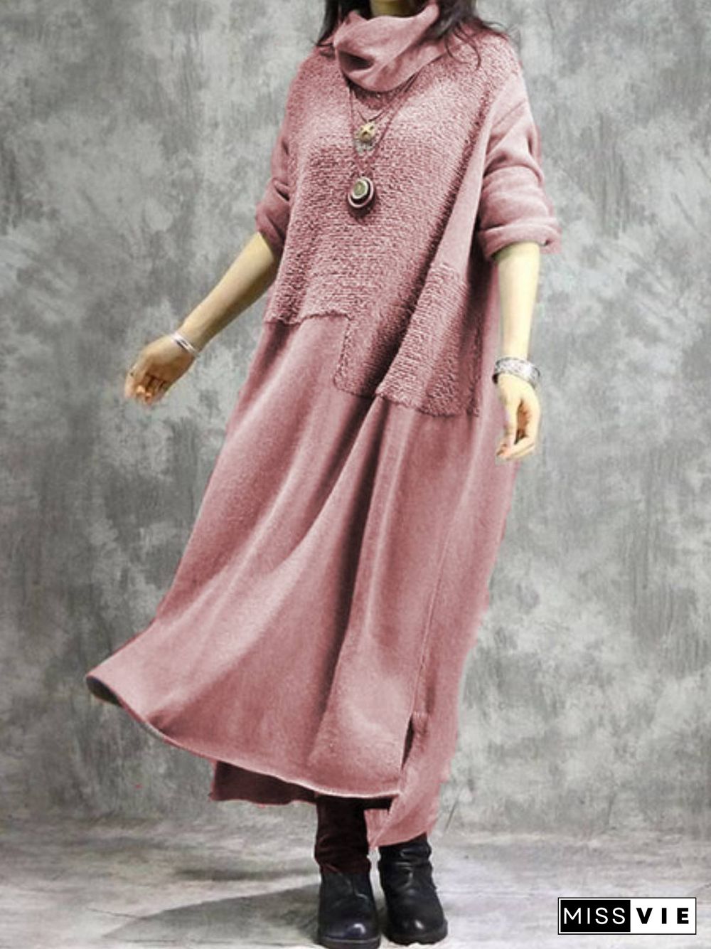 Cotton Plain Casual Turtleneck Knitting Dress