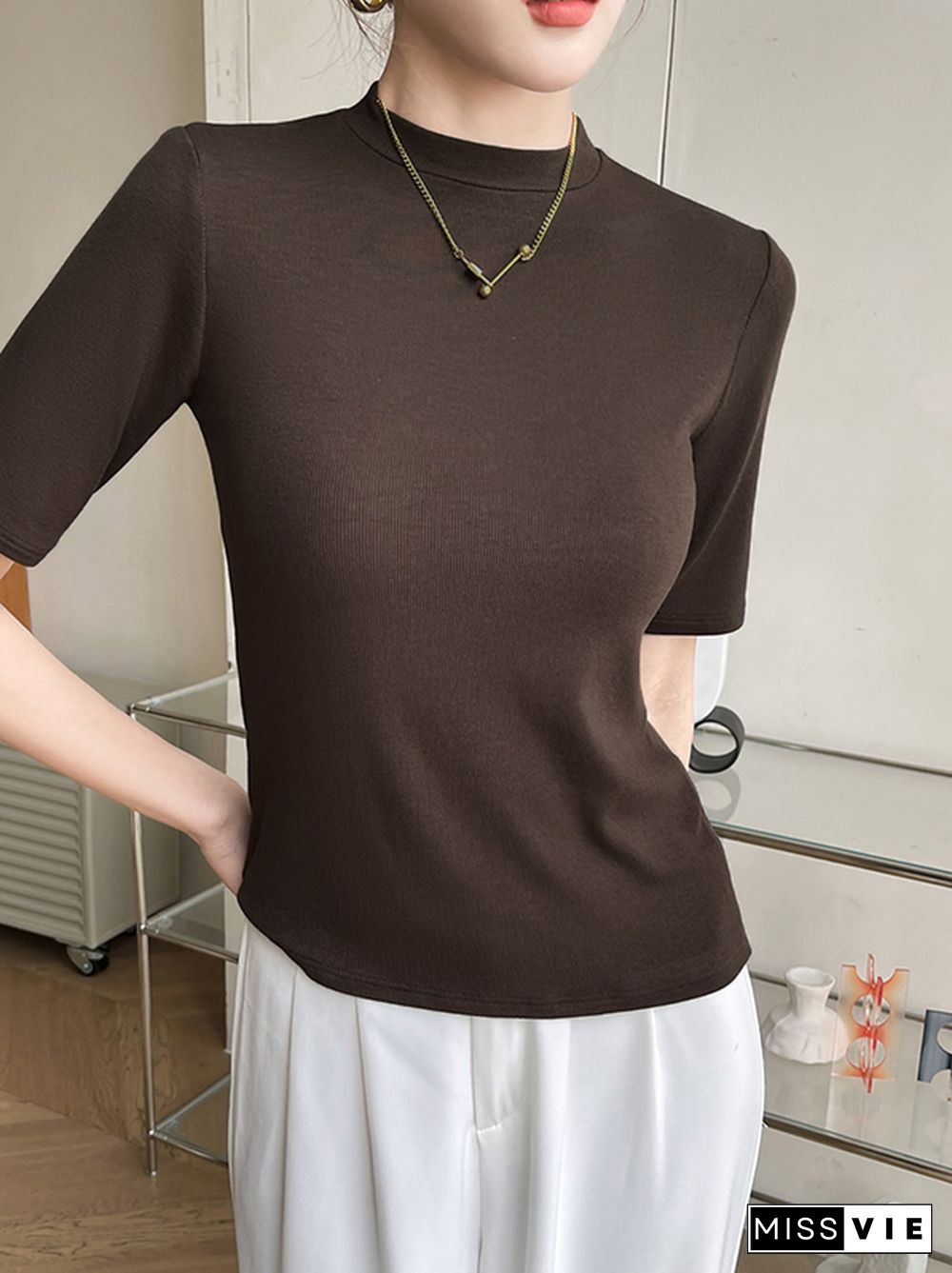 Short Sleeves Skinny Solid Color Round-Neck T-Shirts