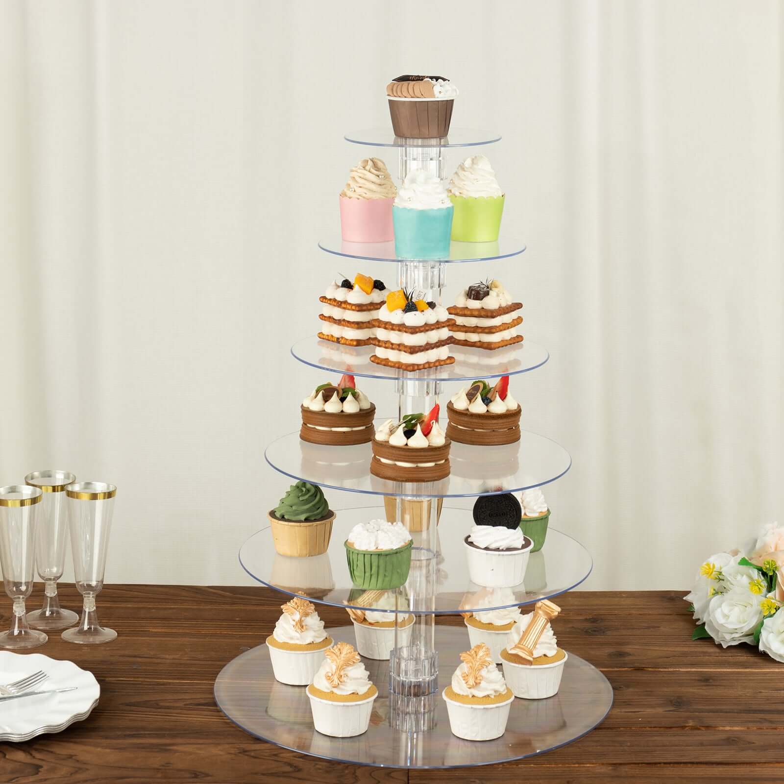 6-Tier Clear Heavy Duty Round Acrylic Cake Stand, Cupcake Tower Dessert Holder Display Stand with Film Sheets - 22