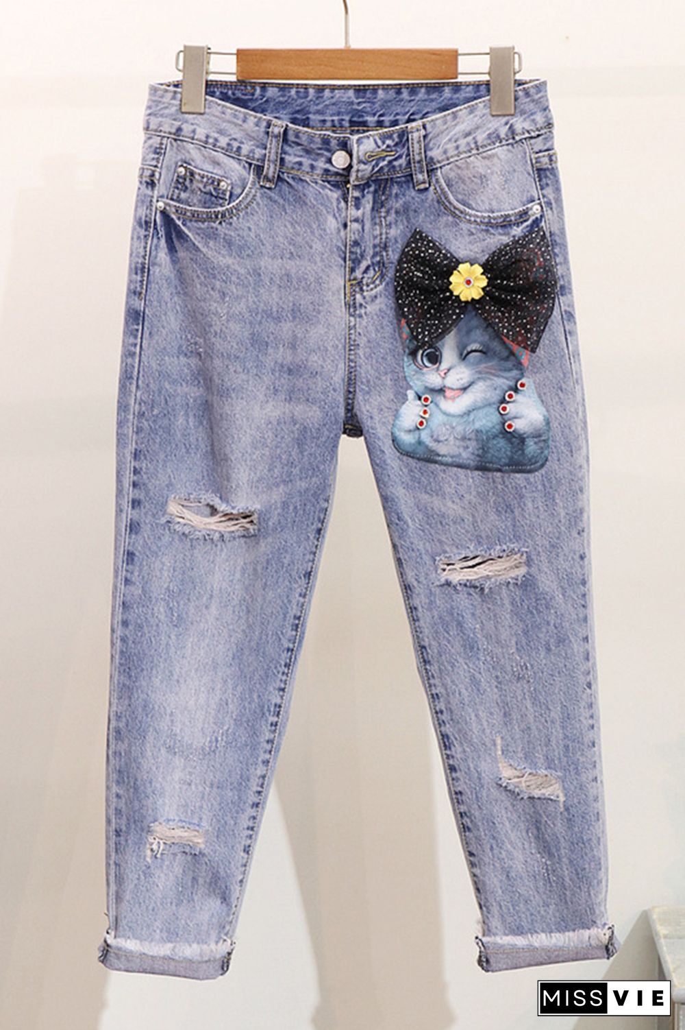 Floral Embroidery Ripped Jeans Wholesale