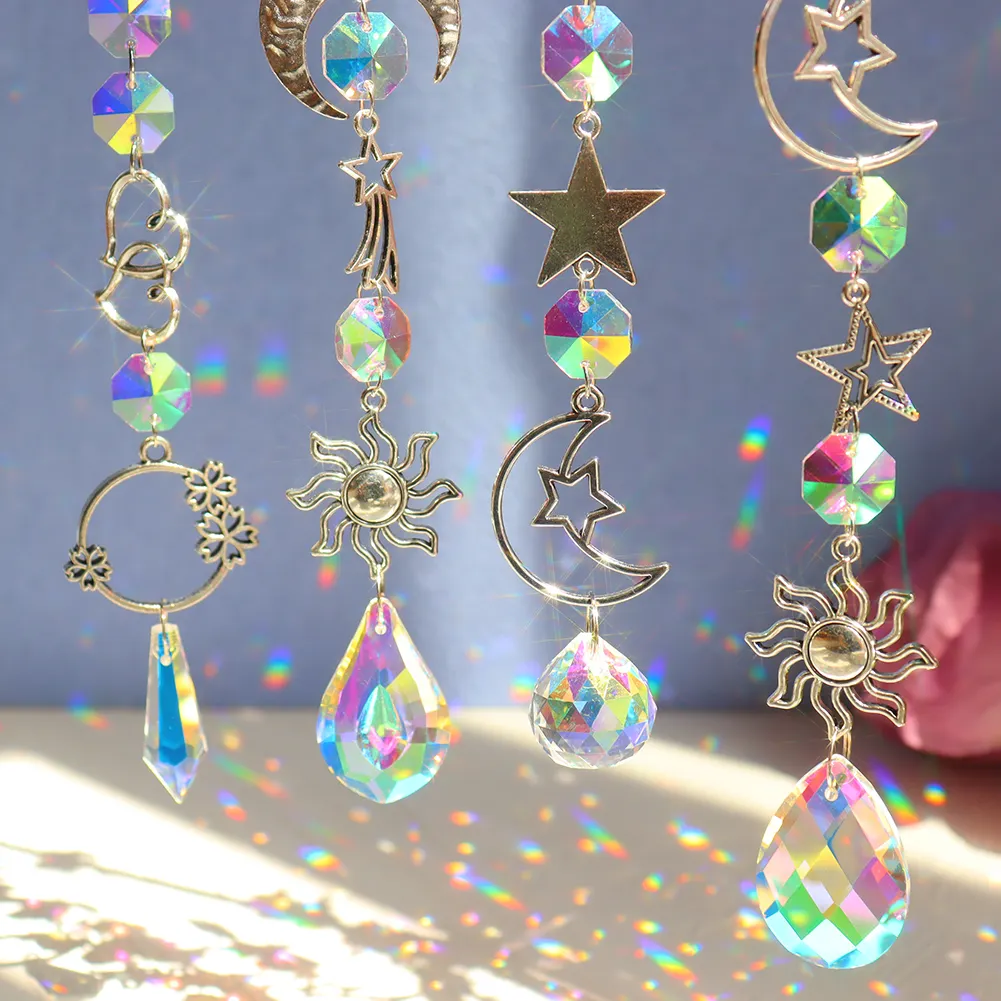 Metal Healing Crystal Prism Chaser Glass Windchime Moon Star Sun Ball Light Catchers Pendants Ornament Crafts Decor