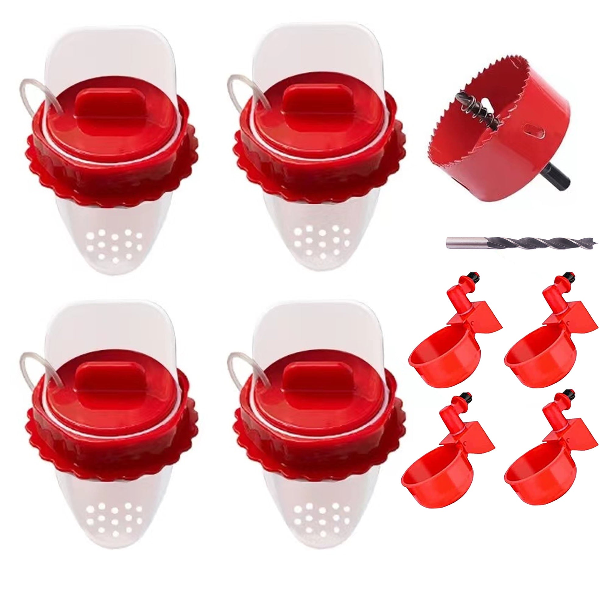 DIY Chicken Feeders No Waste and Waterer Set 4 Ports with 4 Chicken Water Nipples，Rodent Proof Rain Proof Automatic Poultry Chicken and Duck Feeder Kit for Buckets，Barrels，Bins，Troughs