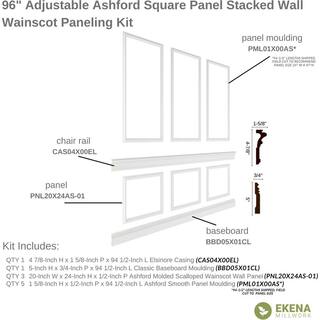 Ekena Millwork 94 12 in. (Adjustable 96 in. to 120 in.) 63 sq. ft. Polyurethane Ashford Square Panel Stacked Wall Wainscot Kit Primed WPKUST052P096