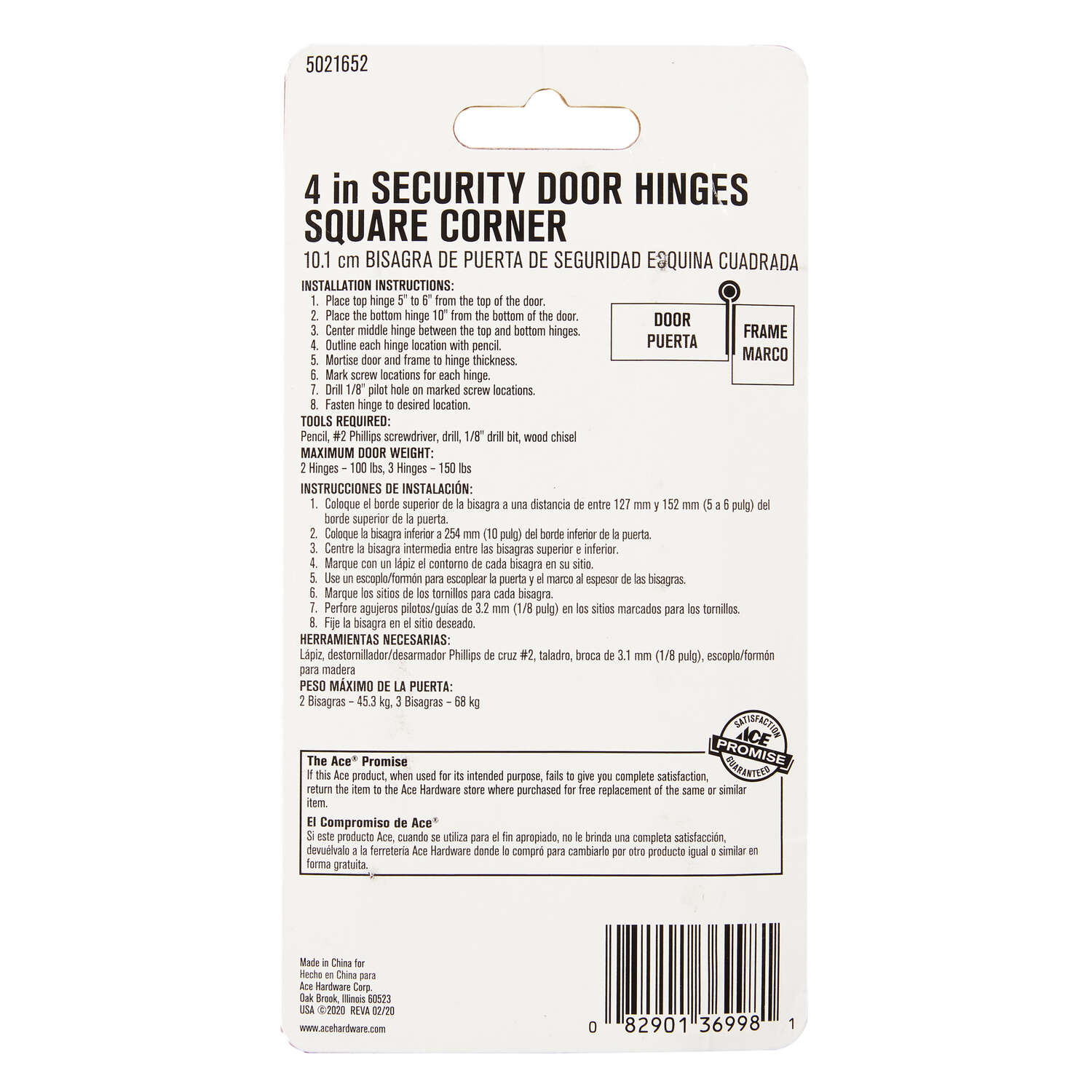 Ace 4 in. L Black Residential Door Hinge 3 pk