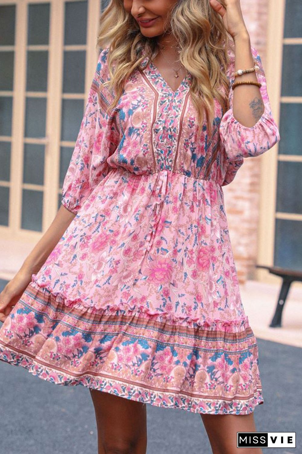 Boho Floral Print V Neck Loose Dress Wholesale