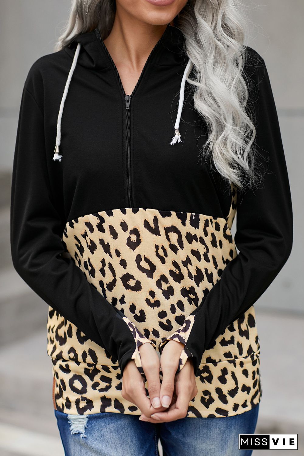 Leopard Print Stitching Half Zip Kangaroo Pocket Drawstring Hoodie