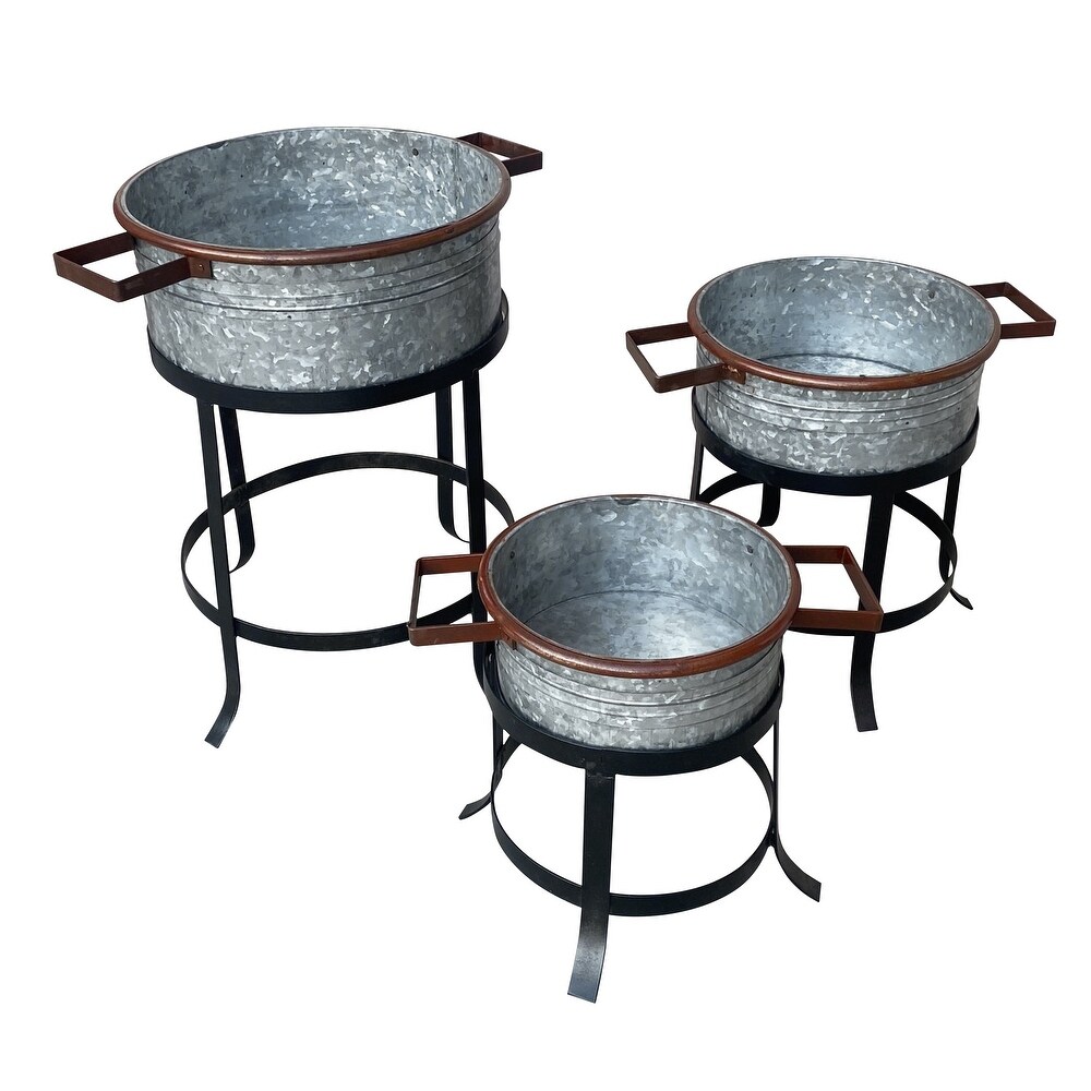 21  18  and 16 Inch 3 Piece Round Tub Metal Planter Set with Stand in Galvanized Gray and Black Iron