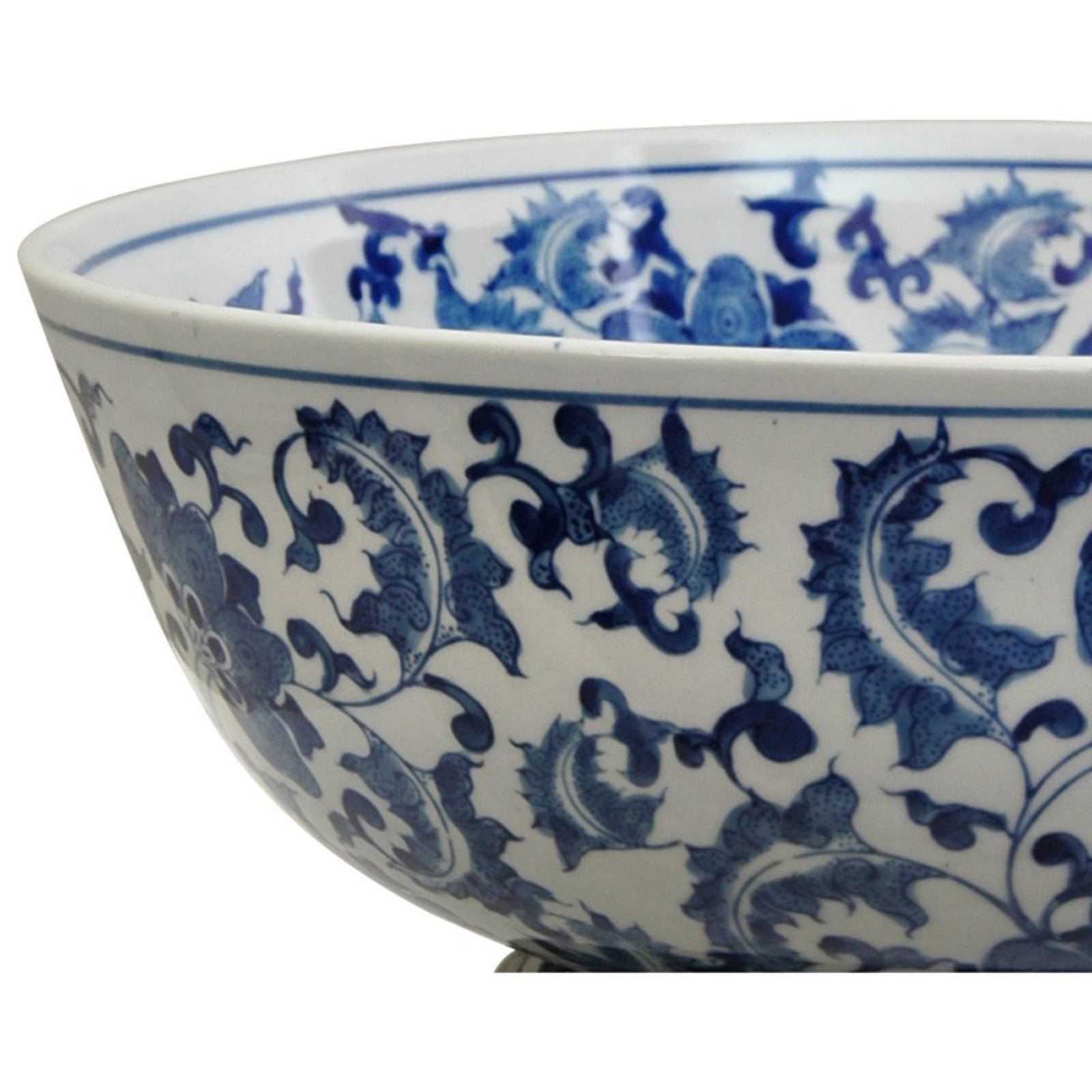 Oriental Furniture 14" Floral Blue & White Porcelain Bowl