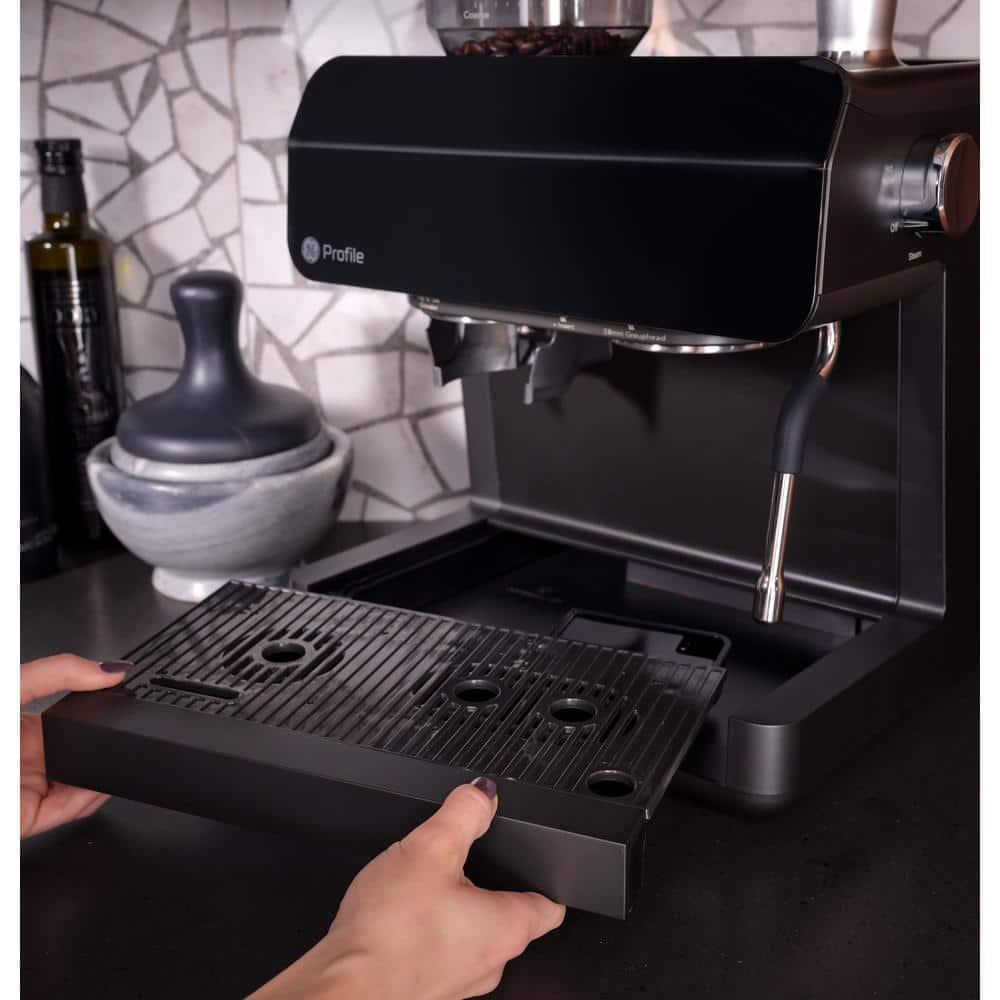 GE Profile 1 Cup Semi Automatic Espresso Machine in Black with Builtin Grinder Frother Frothing Pitcher and WiFi Connected