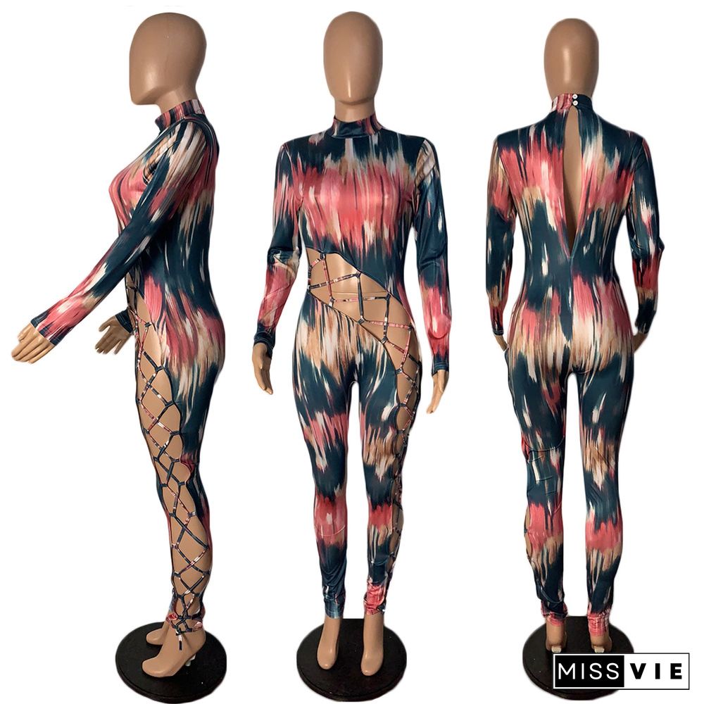 Christmas Printed Long Sleeve Hollowed-out Band Jumpsuit