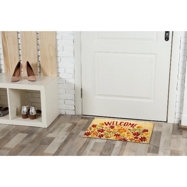 Welcome Sentiment Bright Flowers Rectangle Indoor Outdoor Coir Door Welcome Mat Red Orange On Yellow Background