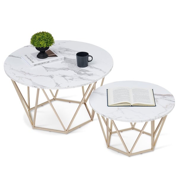 ivinta Round Coffee Table Set of 2， Modern End Tables for Living Room， Tempered Glass/White Faux Marble Tea Tables