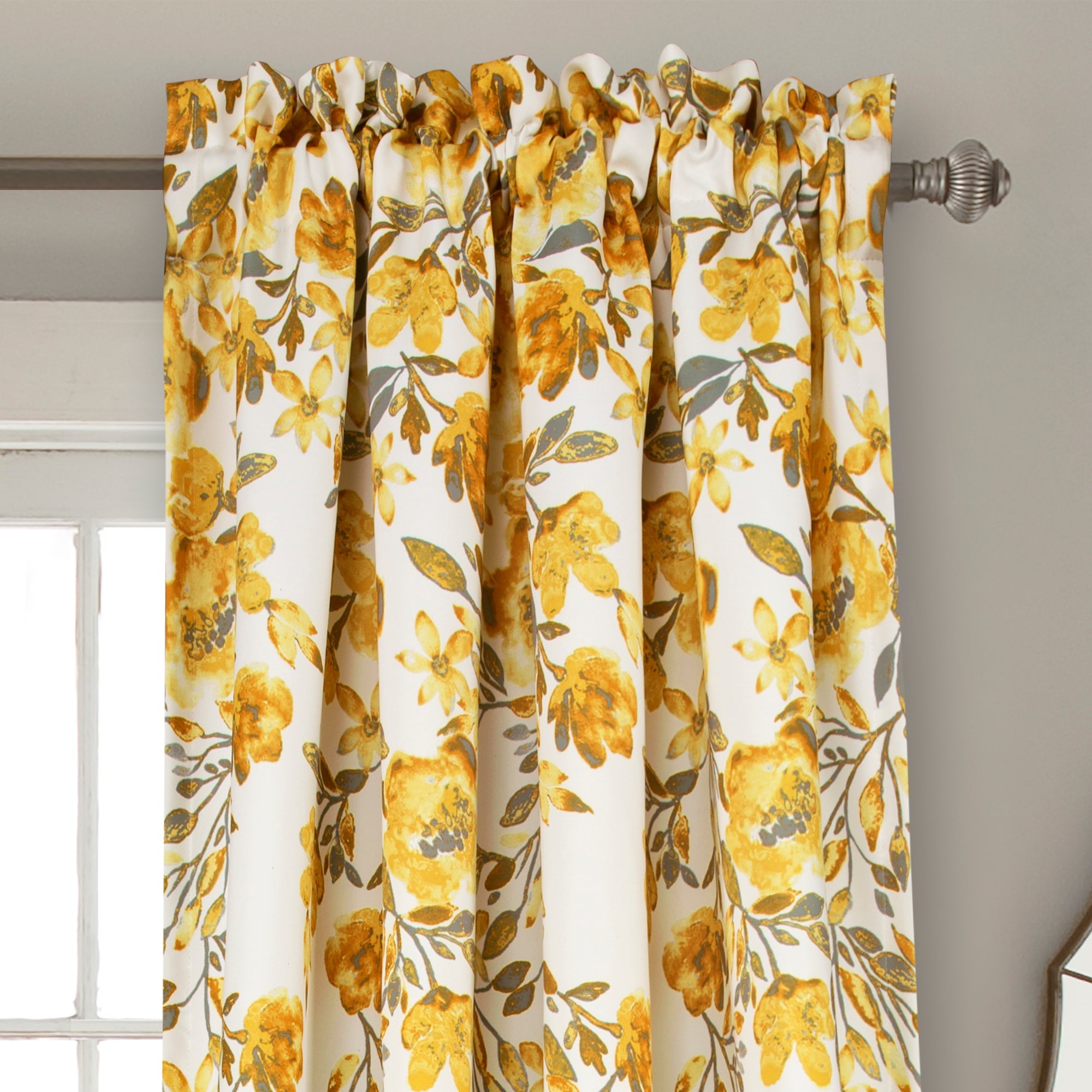 Lush Decor Tanisha Room Darkening 84" x 52" + 2" Header Floral Yellow 3" Rod Pocket 2-Pc Set Window Panel