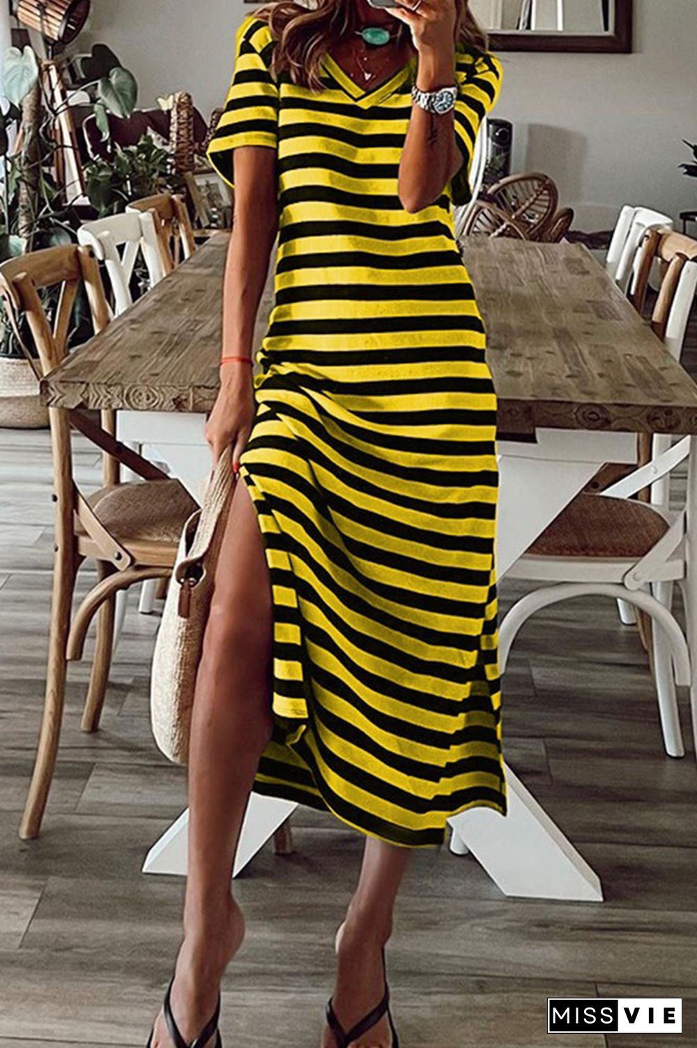 V Neck Split Stripes Dress