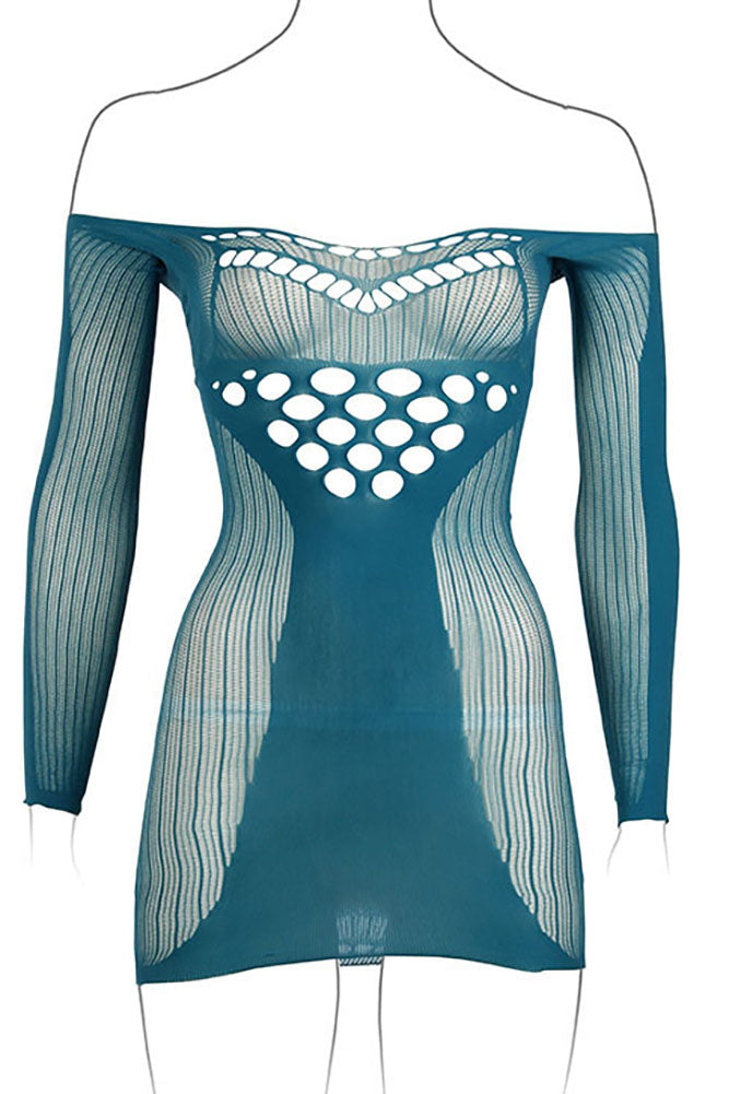 Le Désir Long Sleeve Blue Net Mini Dress