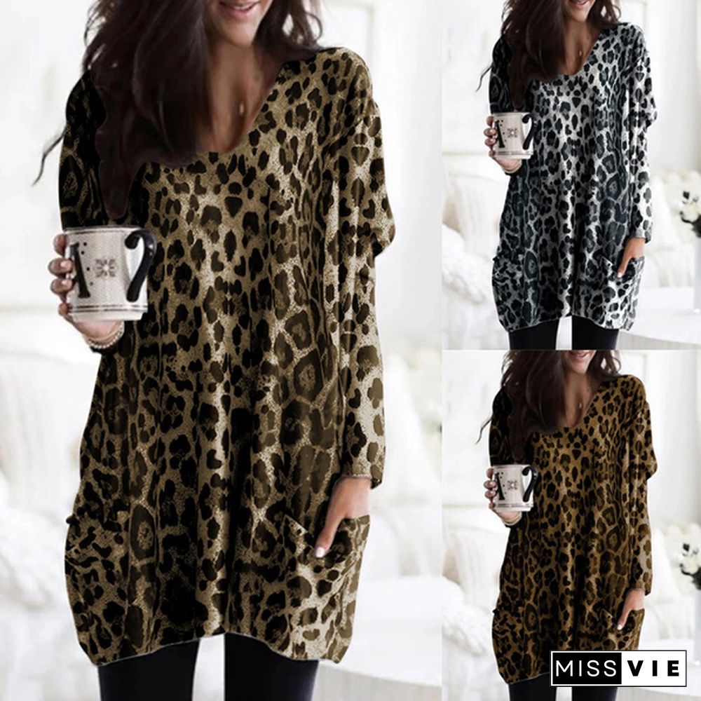 Women Autumn Fashion Sexy Leopard Print Long Sleeve T-shirt V Neck Shirt Irregular Hem Pockets Tunic Tops Blouses