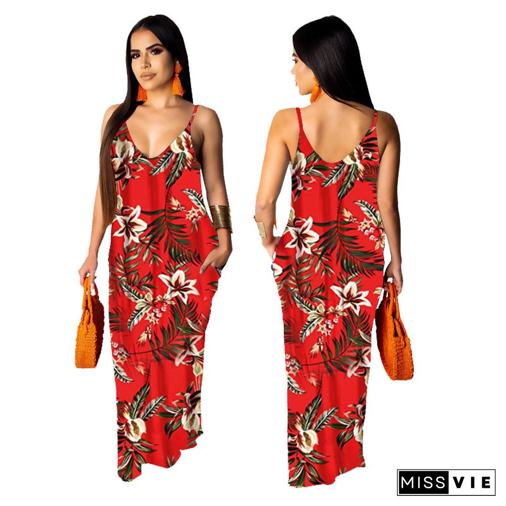 Hot Style Women's Summer Boho Floral Print Sleeveless V Neck Loose Long Maxi Party Beach Dress