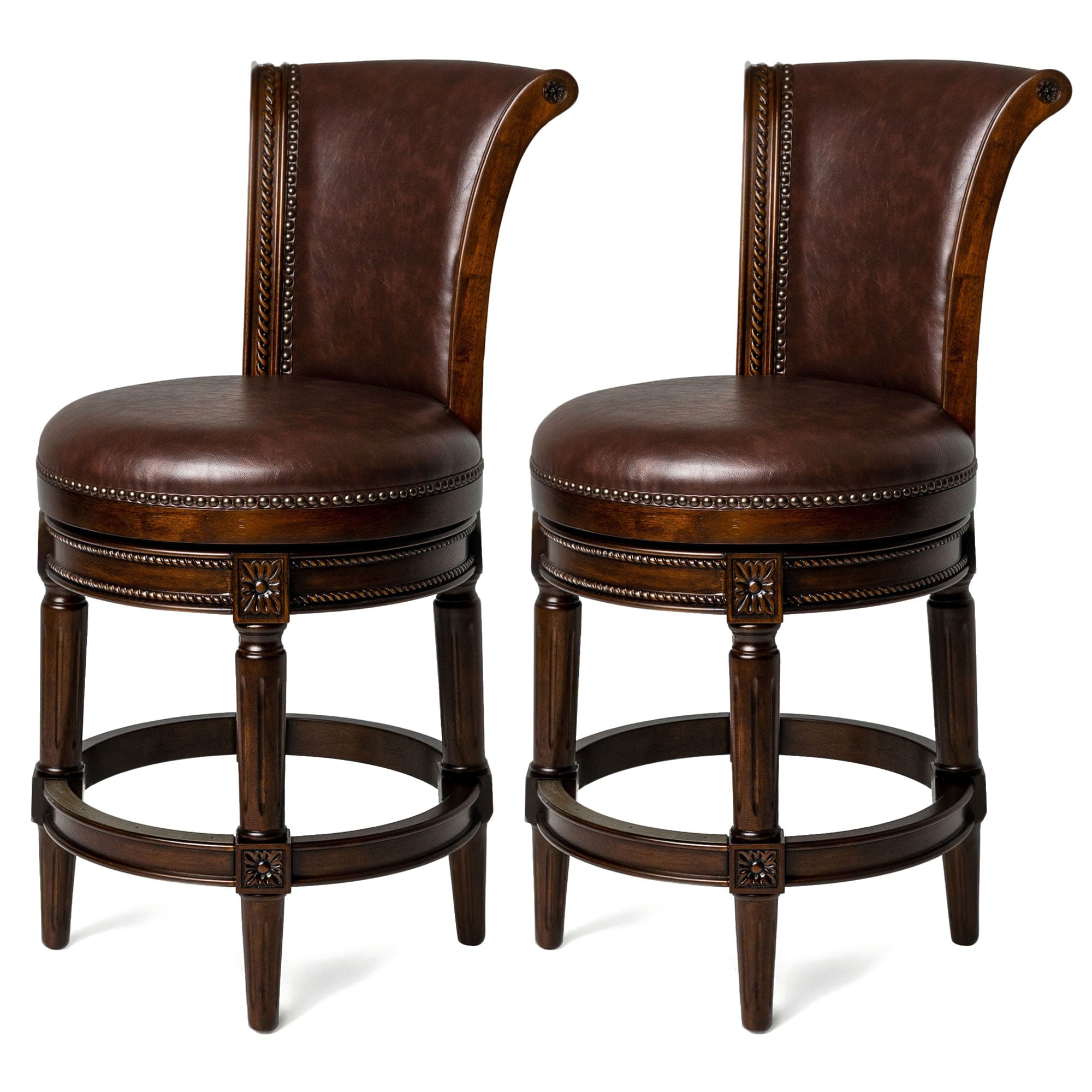 Maven Lane Pullman Swivel Kitchen Counter Stool 25H， Dark Walnut， Set of 2