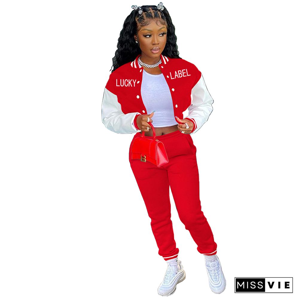 Letter Print Baseball Jacket Sporty Pants Set