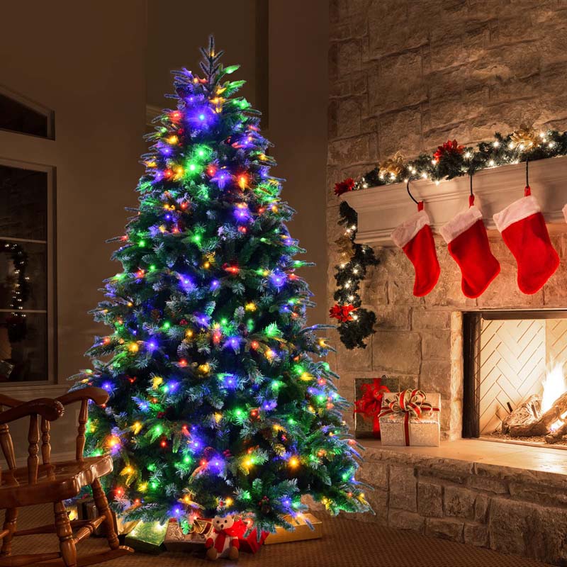 5/6/7/9FT Snowy Leaves Pre-Lit Hinged Artificial Christmas Tree with 11 Flash Modes & Multi-Color Lights