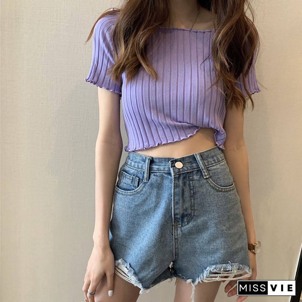 Heliar Women Off Shoulder T-Shirts Knitted Ruffles Hem Crop Tops Short Sleeve T-Shirts For Women Summer Tops Female