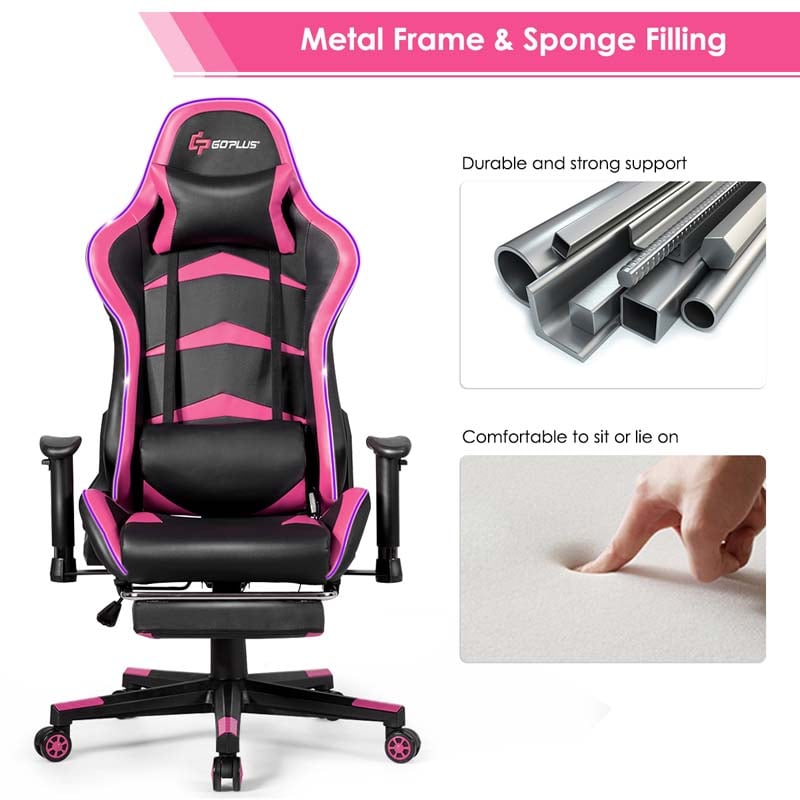 LED Massage Gaming Chair, Height Adjustable Racing Computer Office Chair with Footrest, Ergonomic High Back PU Swivel Game Chair