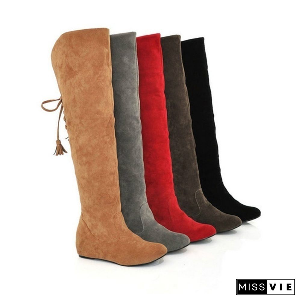 Womens Thigh High Boots Stretch Over The Knee Suede Leather Boots 34-43 Flat Heels Shoes Woman Winter Botas