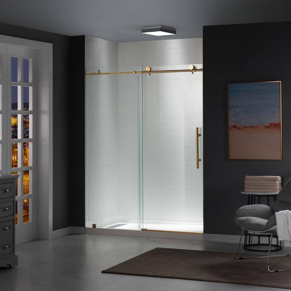 WOODBRIDGE Lowestoft 56 in. to 60 in. x 76 in. Frameless Sliding Shower Door with Shatter Retention Glass in Brushed Gold HSD3608