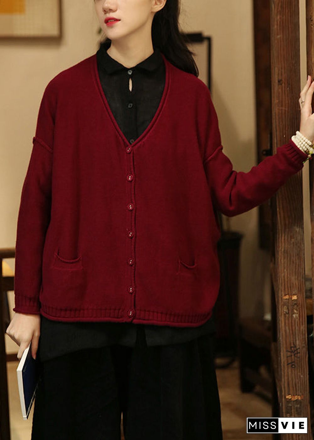 Wine Red Pockets Patchwork Knit Cardigans V Neck Long Sleeve