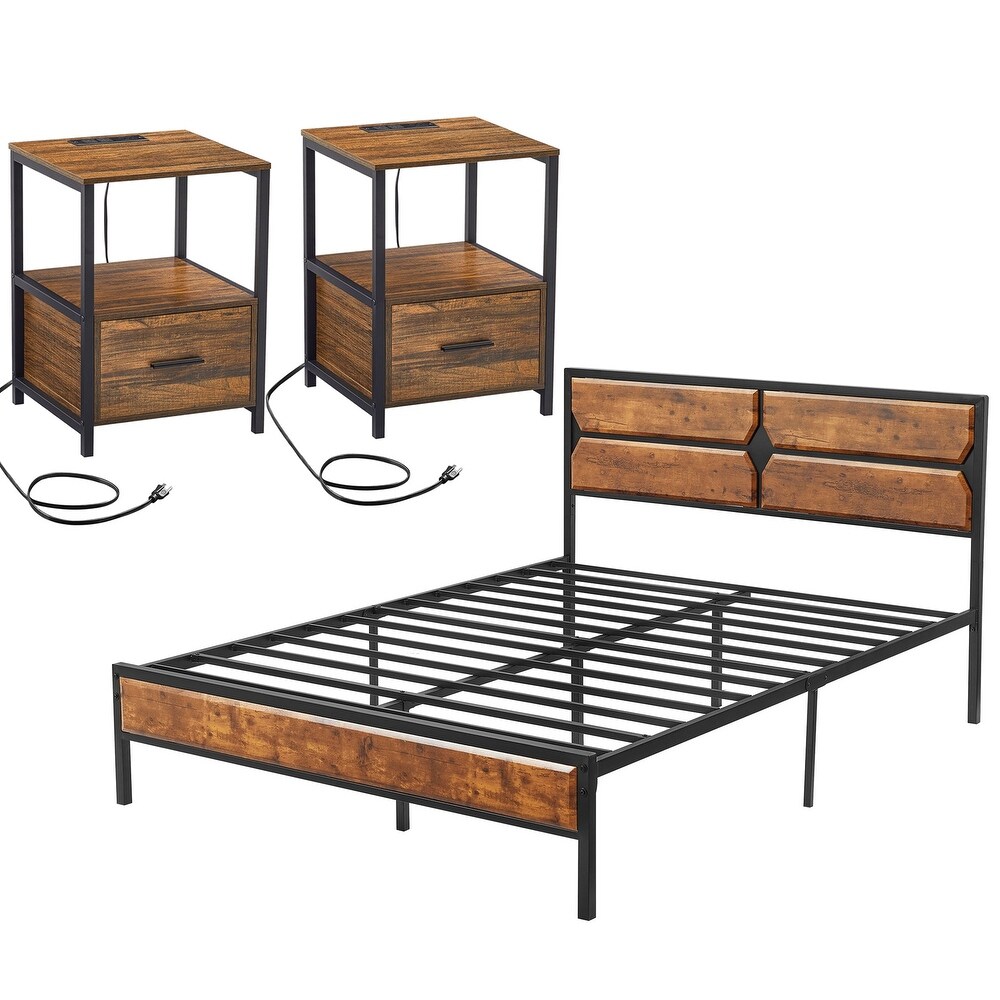 Industrial 3 Piece Vintage Brown Bed Frame and Charging Station USB Port Nightstands Set of 2