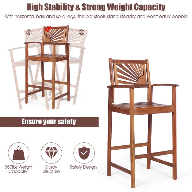 Costway Set Of 2 Bar Stools 29inch Acacia Wood Pub Chairs Outdoor W Armrests