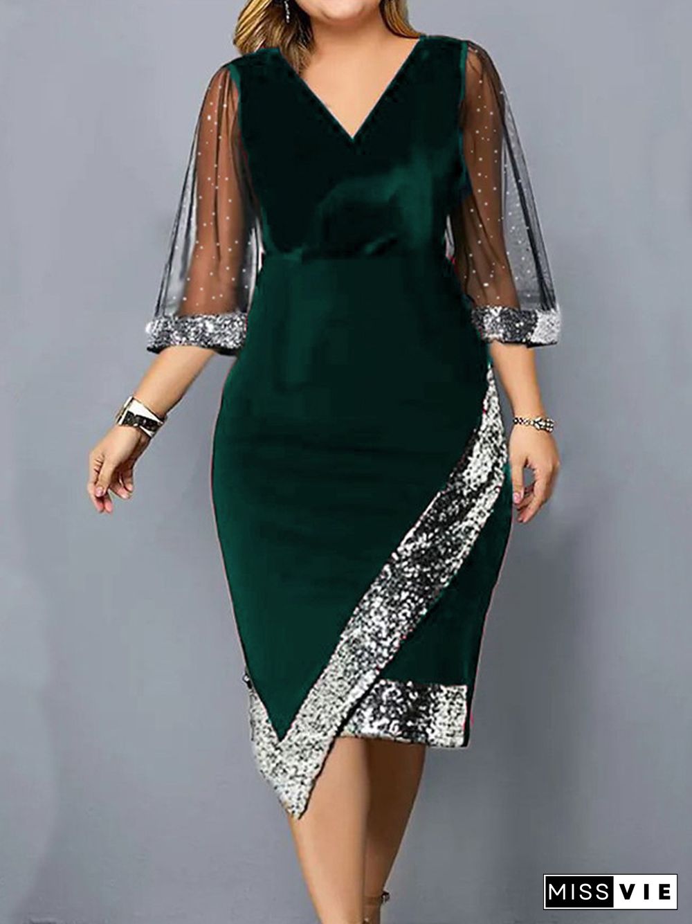 Bodycon Wrap Contrast Color Mesh Sequined Split-Joint V-Neck Midi Dresses