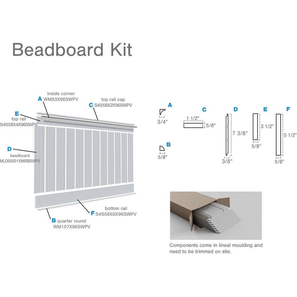 Ekena Millwork 58 in. x 96 in. x 32 in. PVC Deluxe Beadboard Wainscoting Moulding Kit (for heights up to 33-58 in.) WPKP32BBD