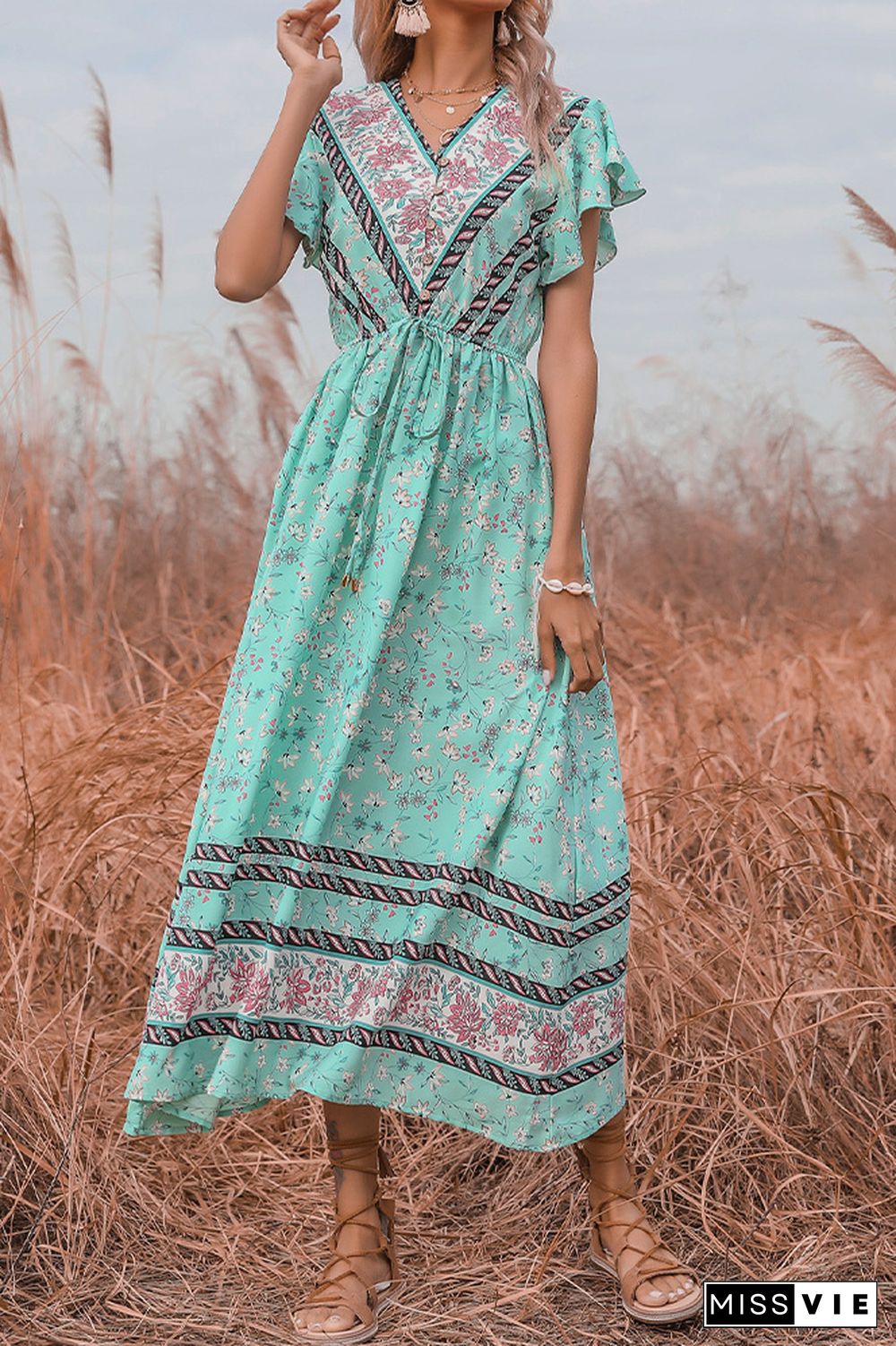 V Neck Ruffle Sleeves Flower Long Dress