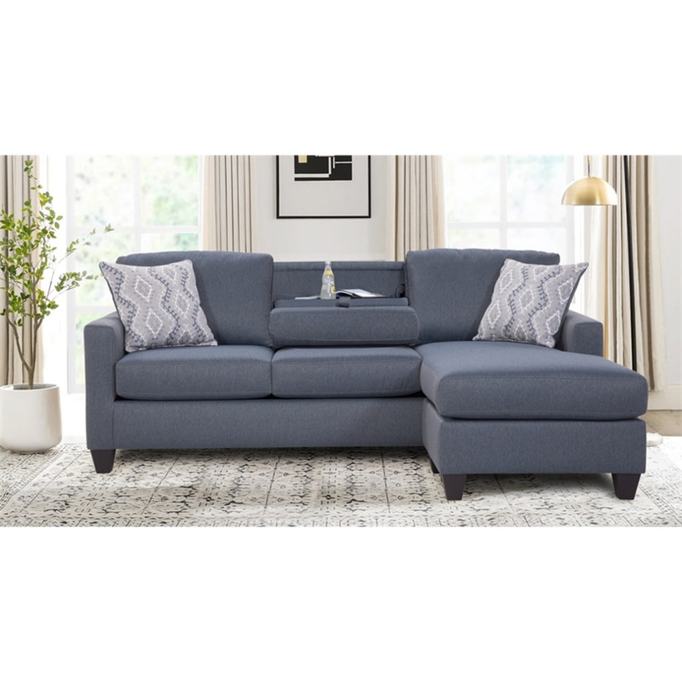 Pemberly Row Modern Sofa with Drop Down Table USB in Blue Finish   Transitional   Sectional Sofas   by Homesquare  Houzz