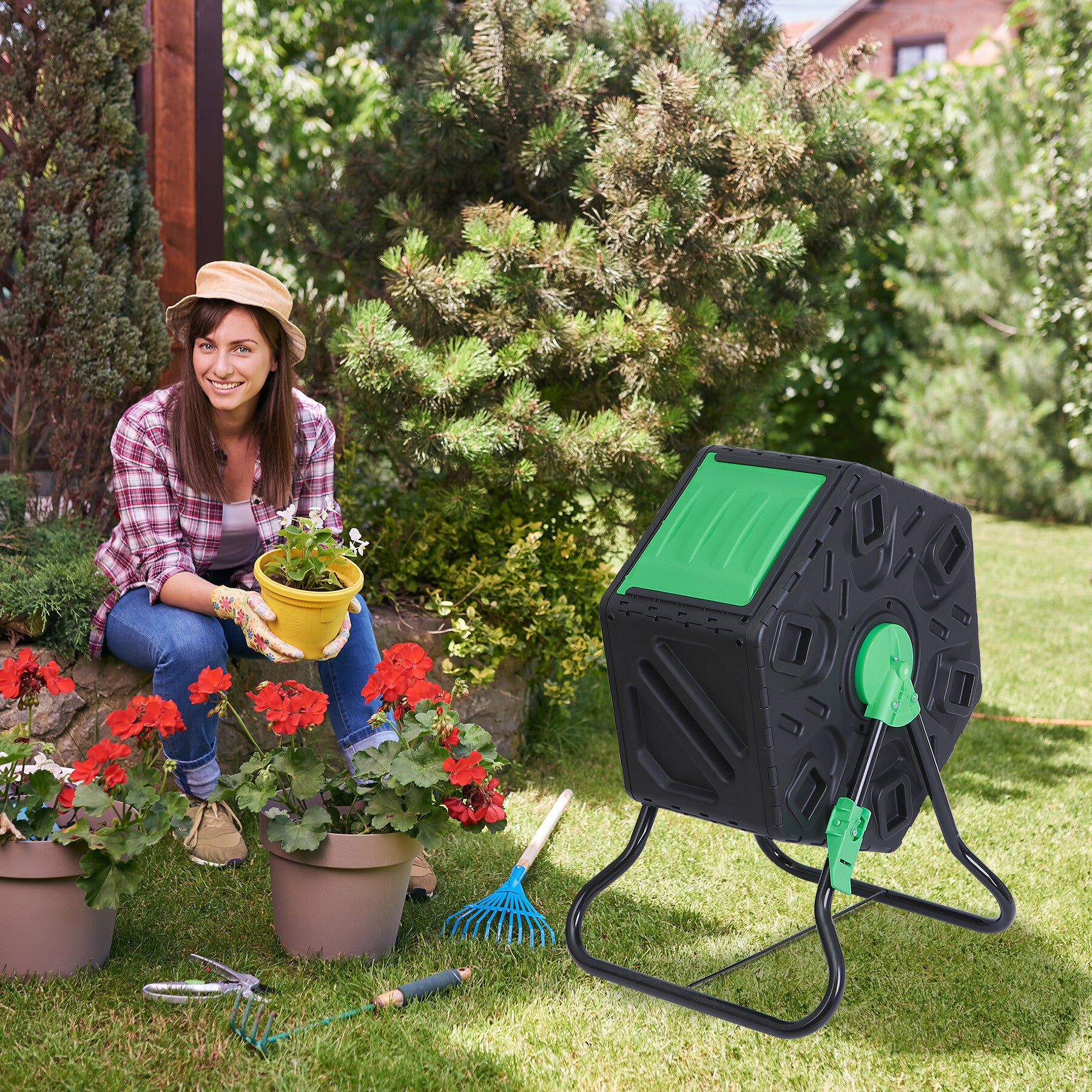 HomGarden 18.5Gal(70L) Outdoor Compost Bin Compact Rotating Tumbler Single Chamber BPA Free PP