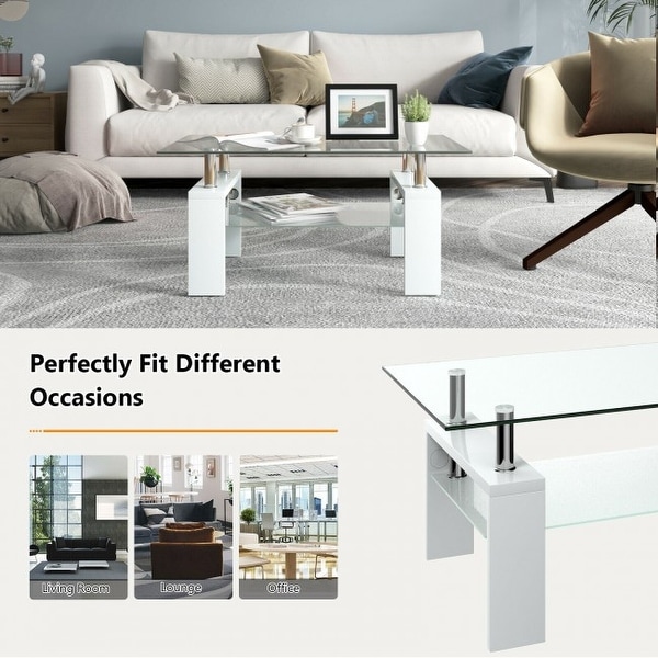 Rectangular Tempered Glass Coffee Table End Side Table with Shelf - 39