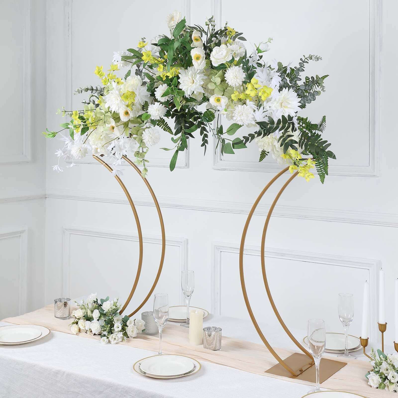 Gold Metal Floral Arch Frame Wedding Table Centerpiece Stand With Curvy Design, Large Table Display or Aisle Prop 38