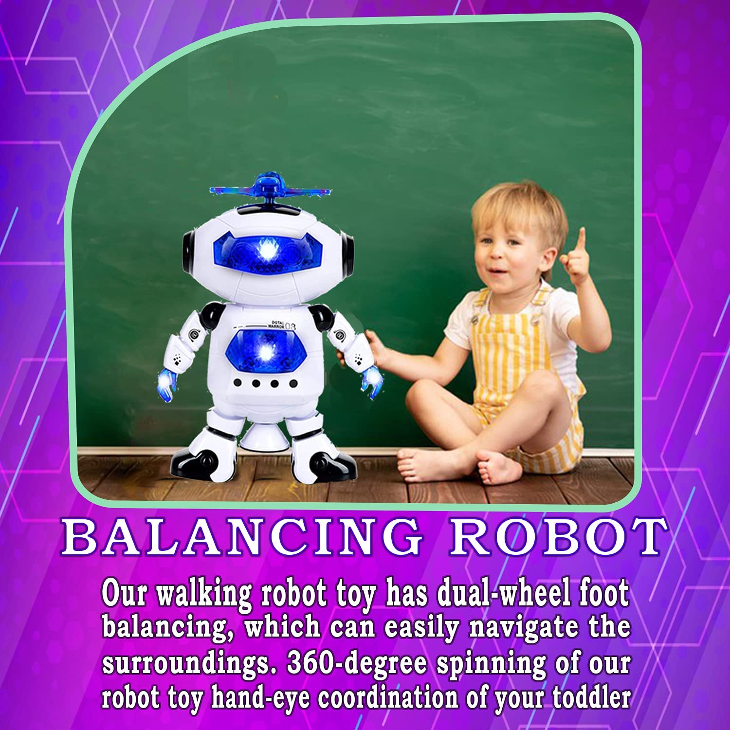 Toysery walking Robot for kids - 360° Body Spinning Dancing Robot Toy with LED Lights Flashing and Music， electronic learning toy robot