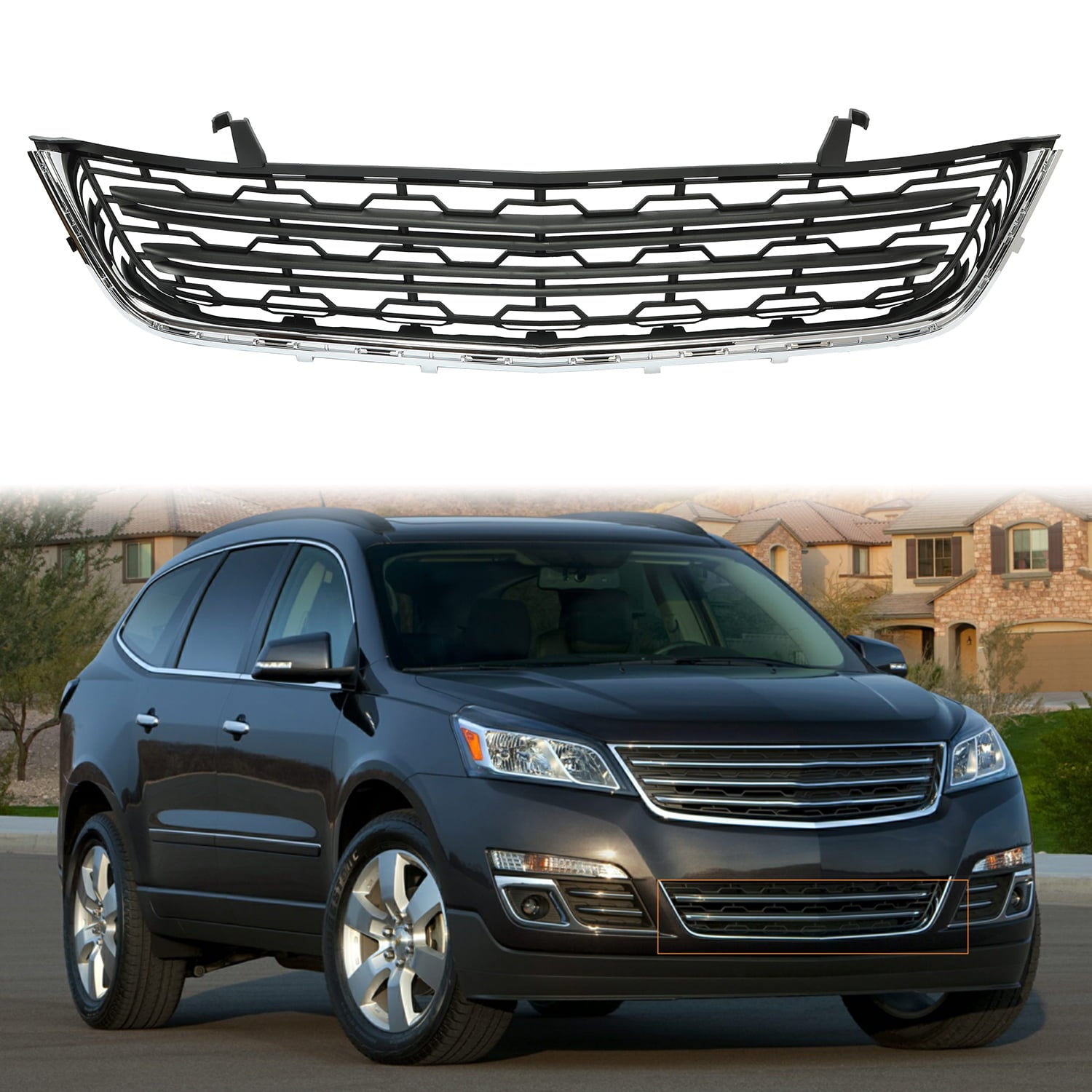 KOJEM Front Lower Bumper Cover Grille Black Chrome for 2013-2017 2014 2015 2016 Chevrolet Traverse (Submodel: LS， LT) 4-Door Replacement for 20983791 GM1036154C