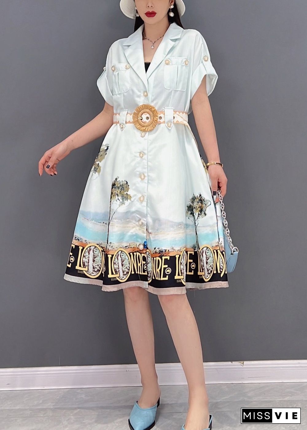 Beautiful White Button Peter Pan Collar Pockets Print Silk Shirt Dress Short Sleeve