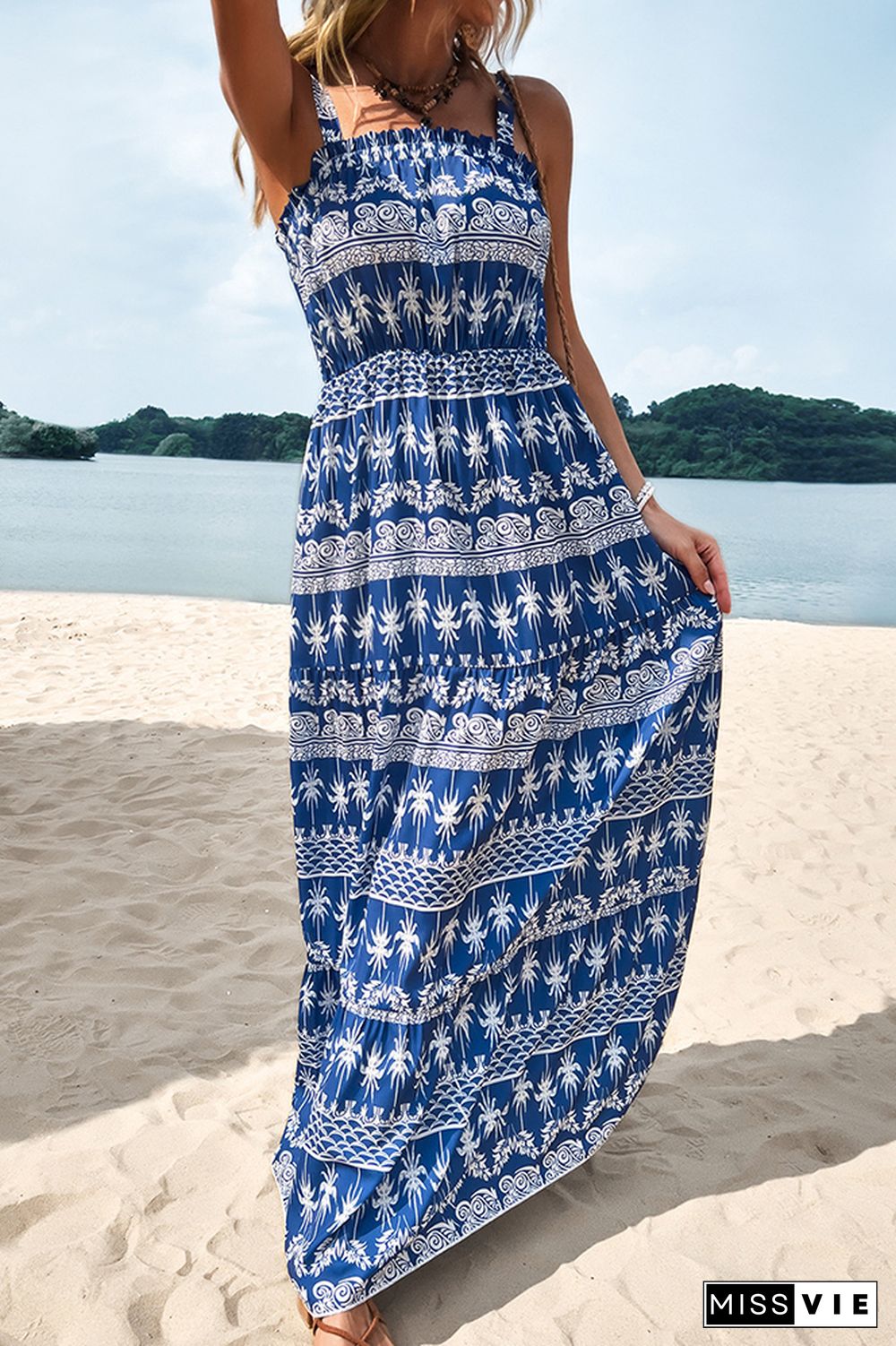 Blue Floral Print Maxi Dress Wholesale