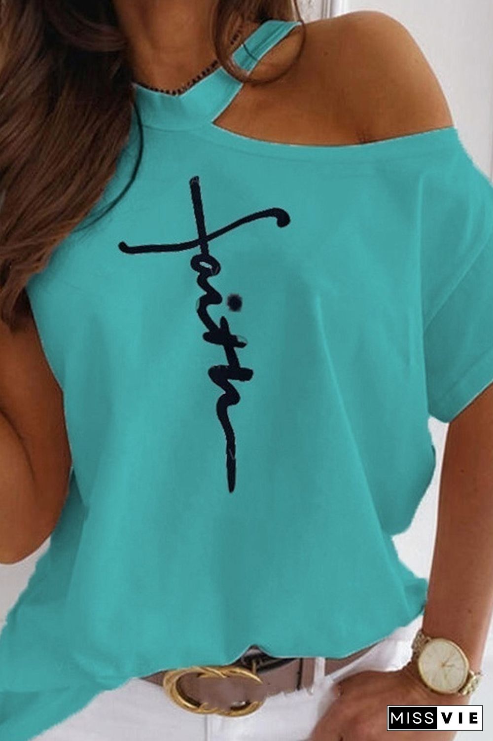 Light Green Letter Printed Off Shoulder Short Sleeve Tee