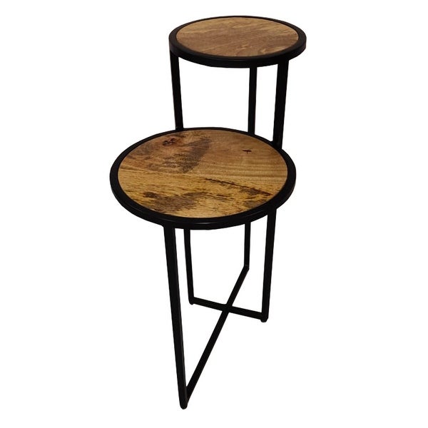 Two Tier Round Wooden Side Table with Metal Frame， Brown and Brass