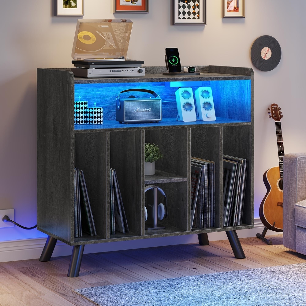 Moasis Record Player Stand with Power Outlets and LED Lights for Living Room Bedroom