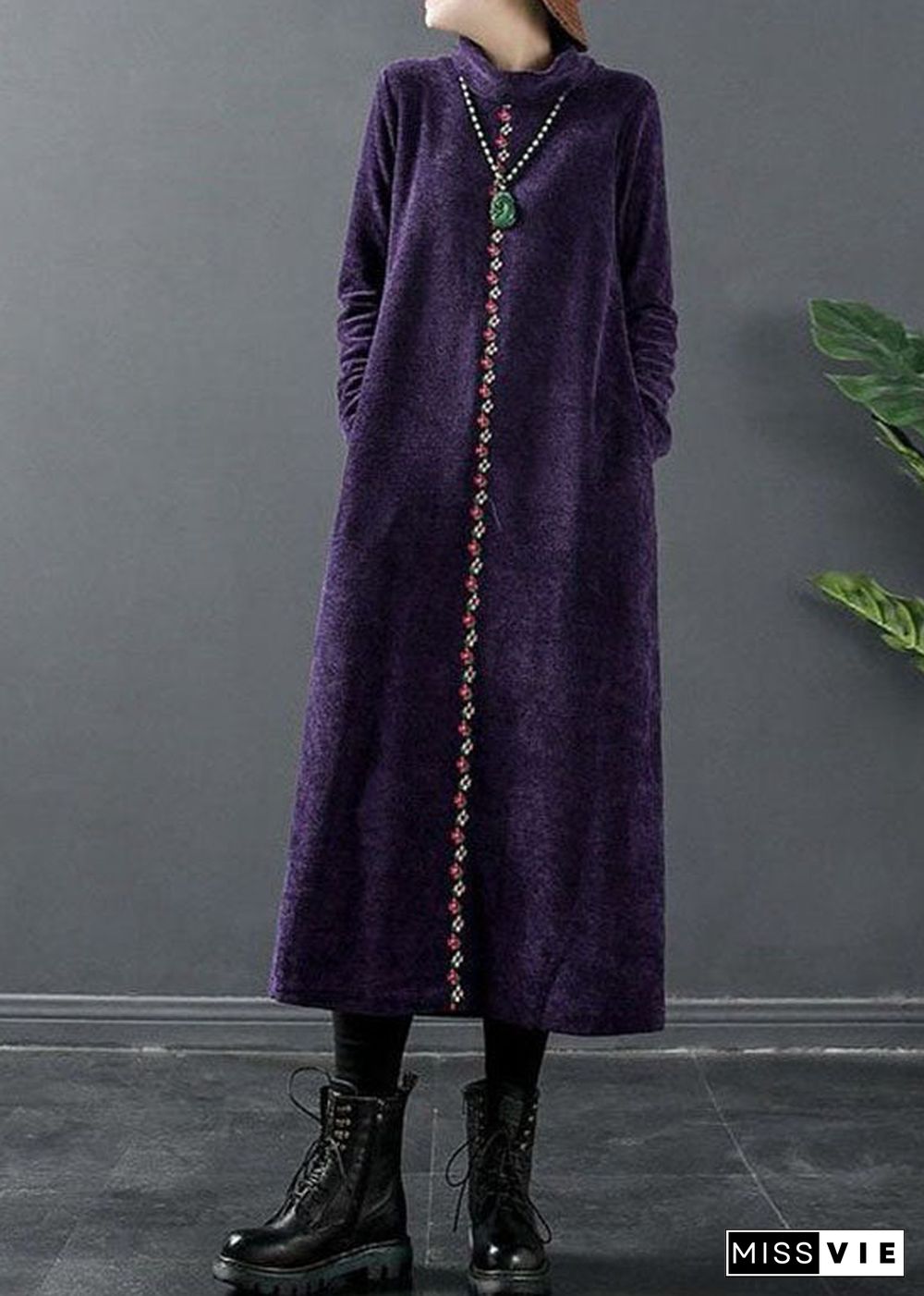 Fitted Purple Turtle Neck Woolen Maxi Dress Winter