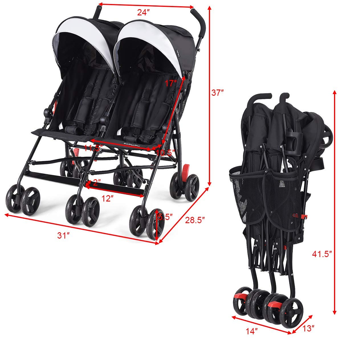 BABY JOY Double Light-Weight Stroller, Travel Foldable Design, Twin Umbrella Stroller with 5-Point Harness