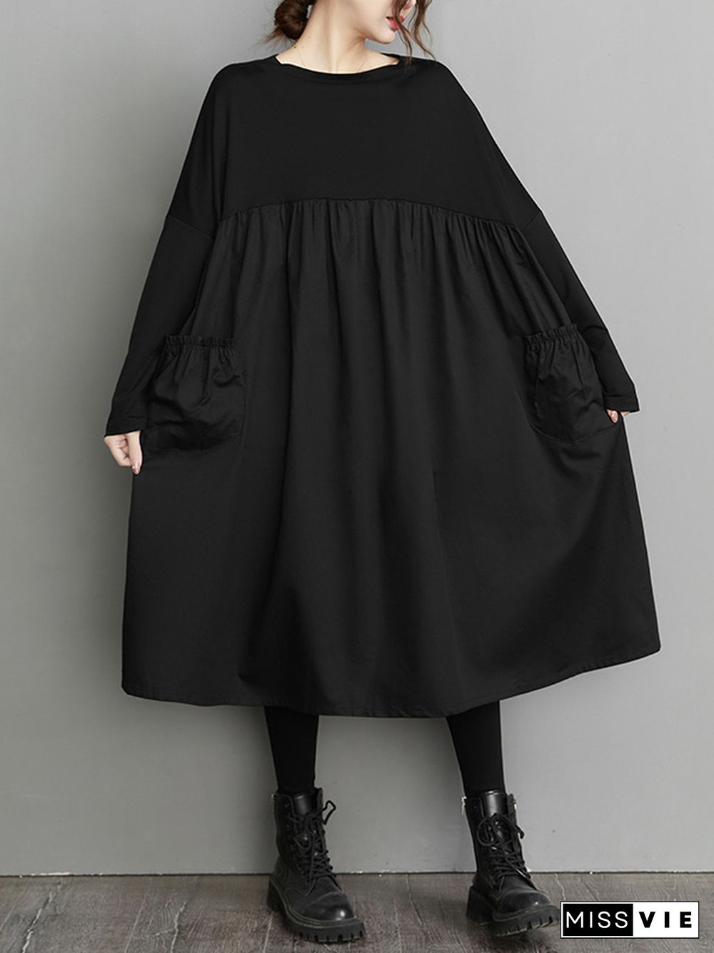 Simple Loose Black Split-Joint Long Sleeves Midi Dress