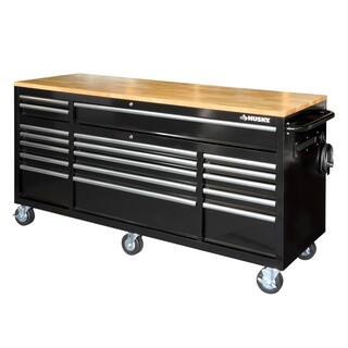 Husky 72 in. W x 24 in. D Standard Duty 18-Drawer Mobile Workbench Tool Chest with Solid Wood Top in Gloss Black HOTC7218B12M