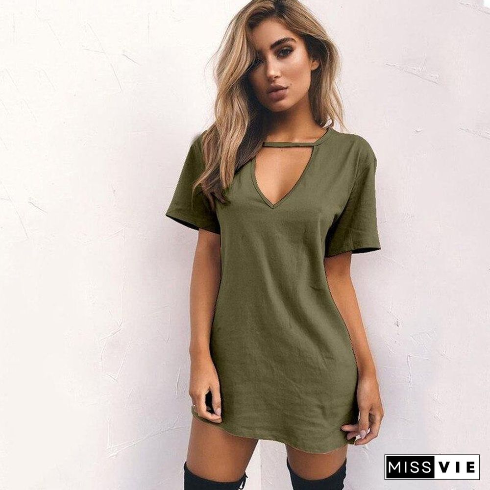 Leosoxs New Summer Fashion Sexy Deep V Neck Solid Women's Mini Dress Casual Short Sleeve Loose Ladies  Home Sleep Dresses